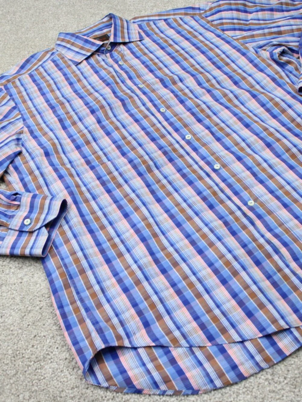 ETRO Milano Shirt Mens 44, XL Blue/Pink Check 100% Cotton Long Sleeve Button